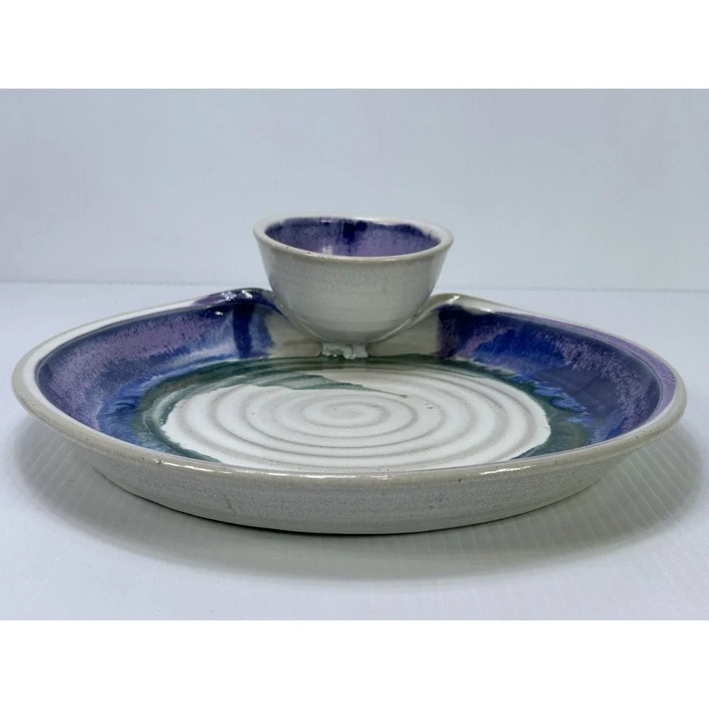 Sturbridge Pottery Handmade Chip & Dip Bowl Purple Blue Green Glaze